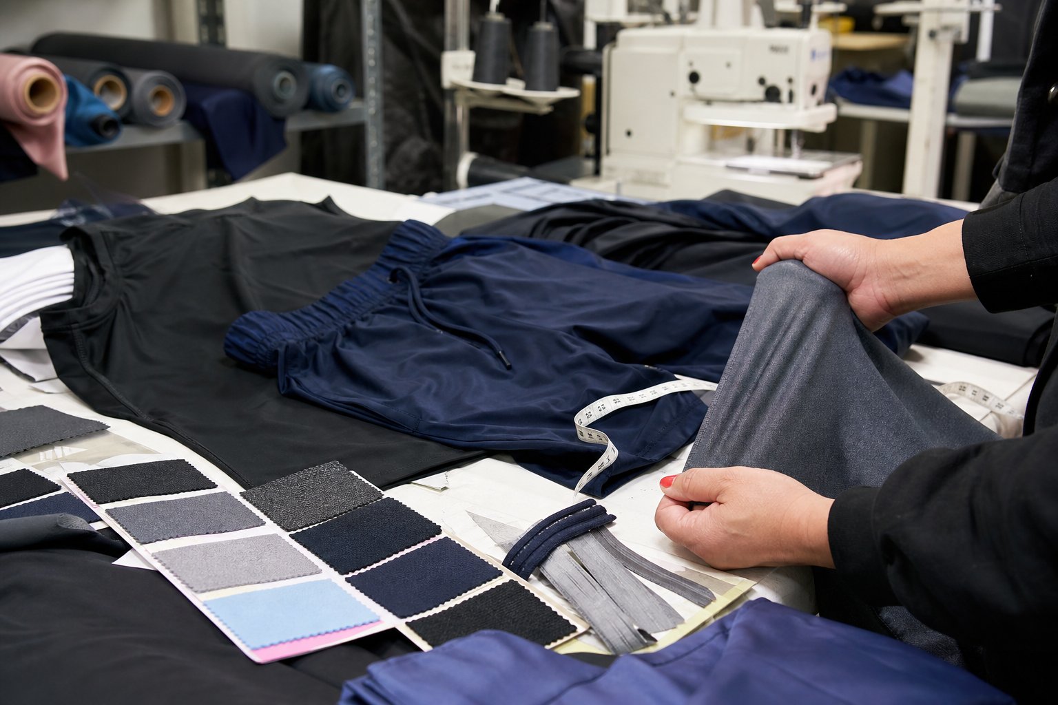 Custom activewear and sportswear set samples in a technical apparel studio