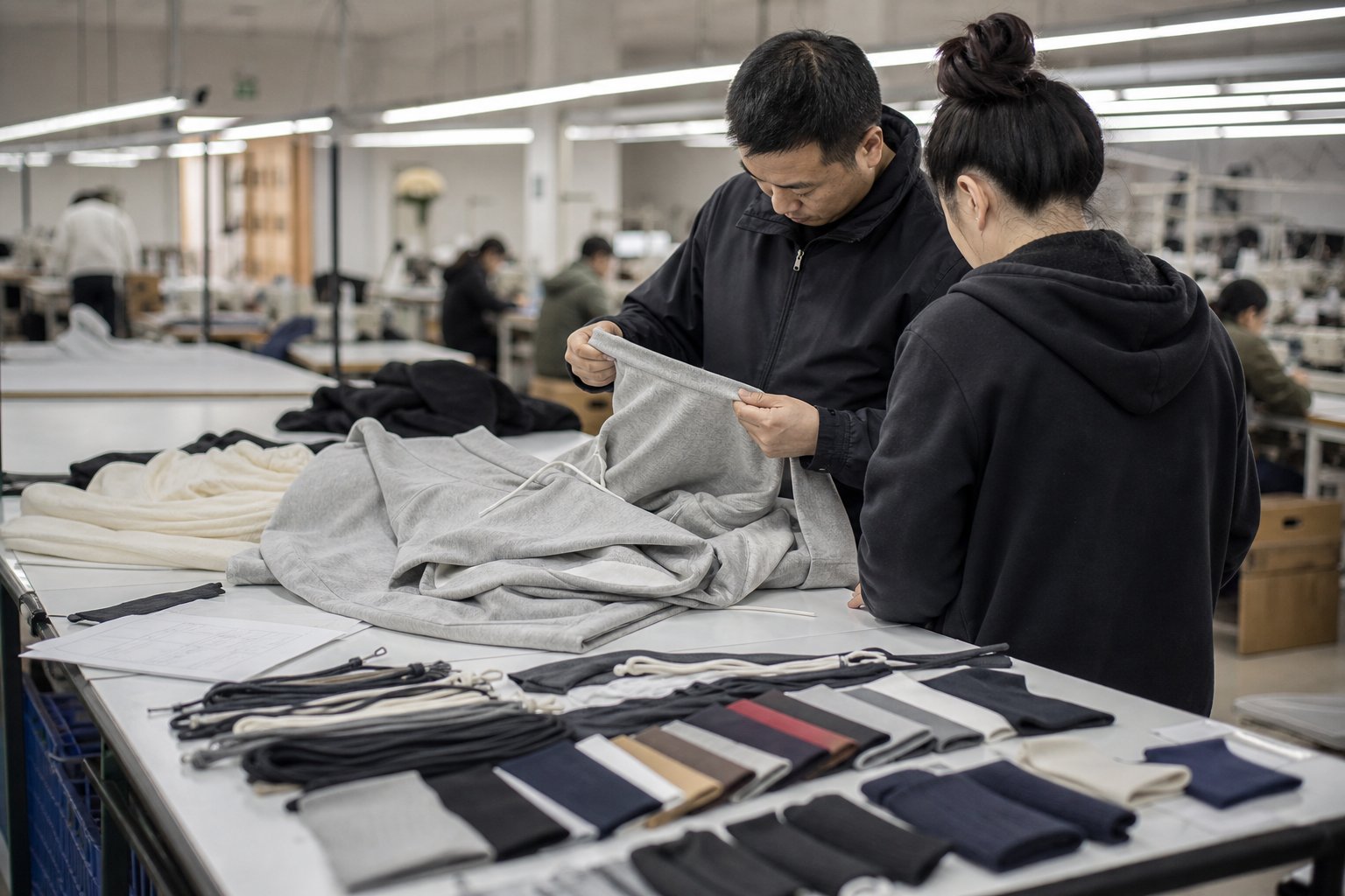Custom hoodie and sweatshirt samples arranged for buyer review