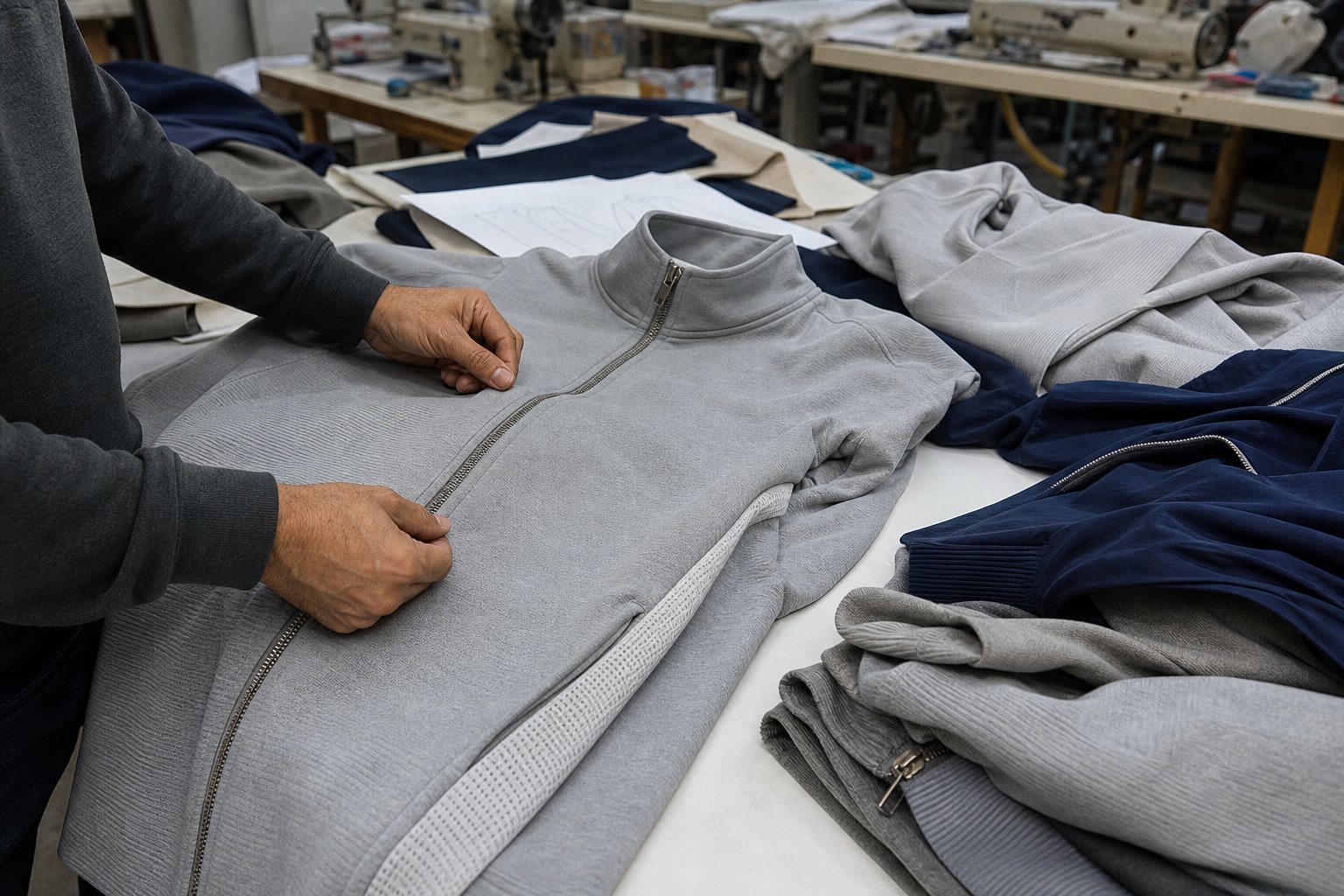 Custom knit jackets and lightweight outerwear samples with trims