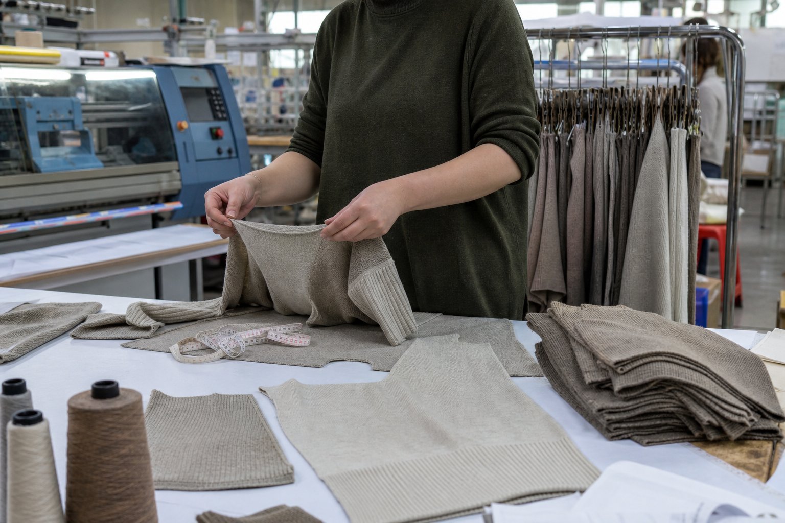 Cut-and-sew knitwear samples with rib and jersey fabric swatches