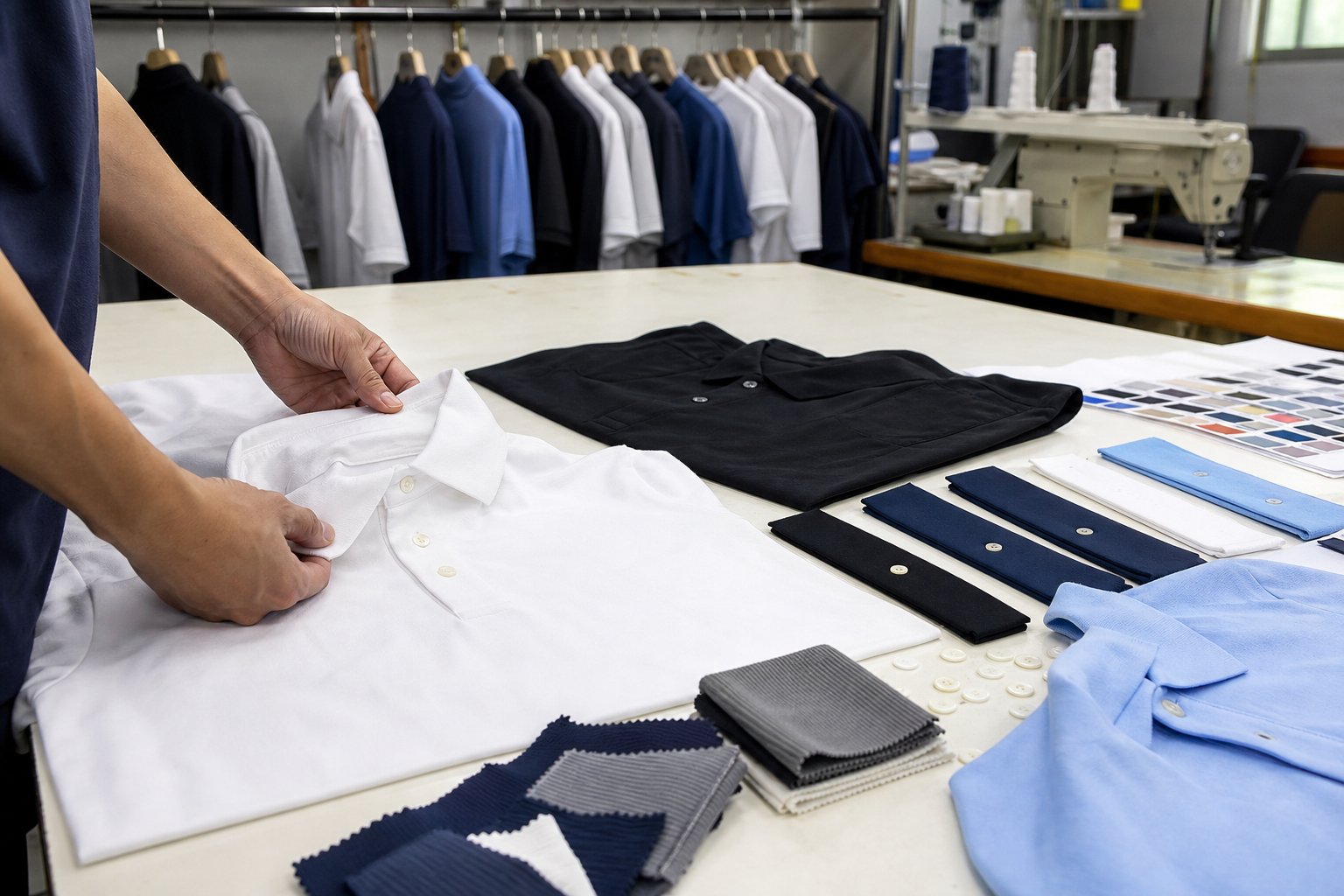 Custom polo shirts with collar and button trim samples