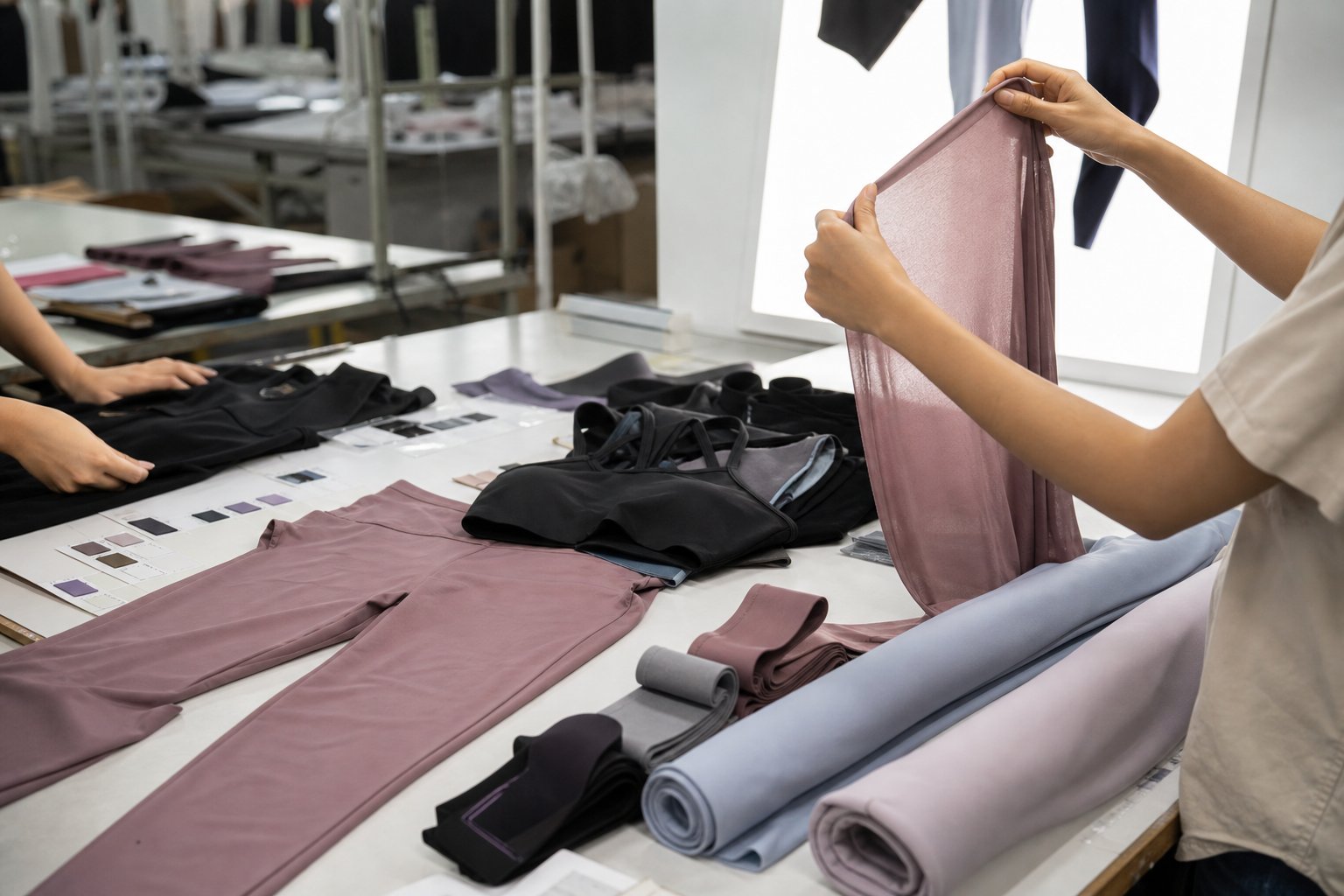 Private label yoga leggings and sports bras with fabric swatches